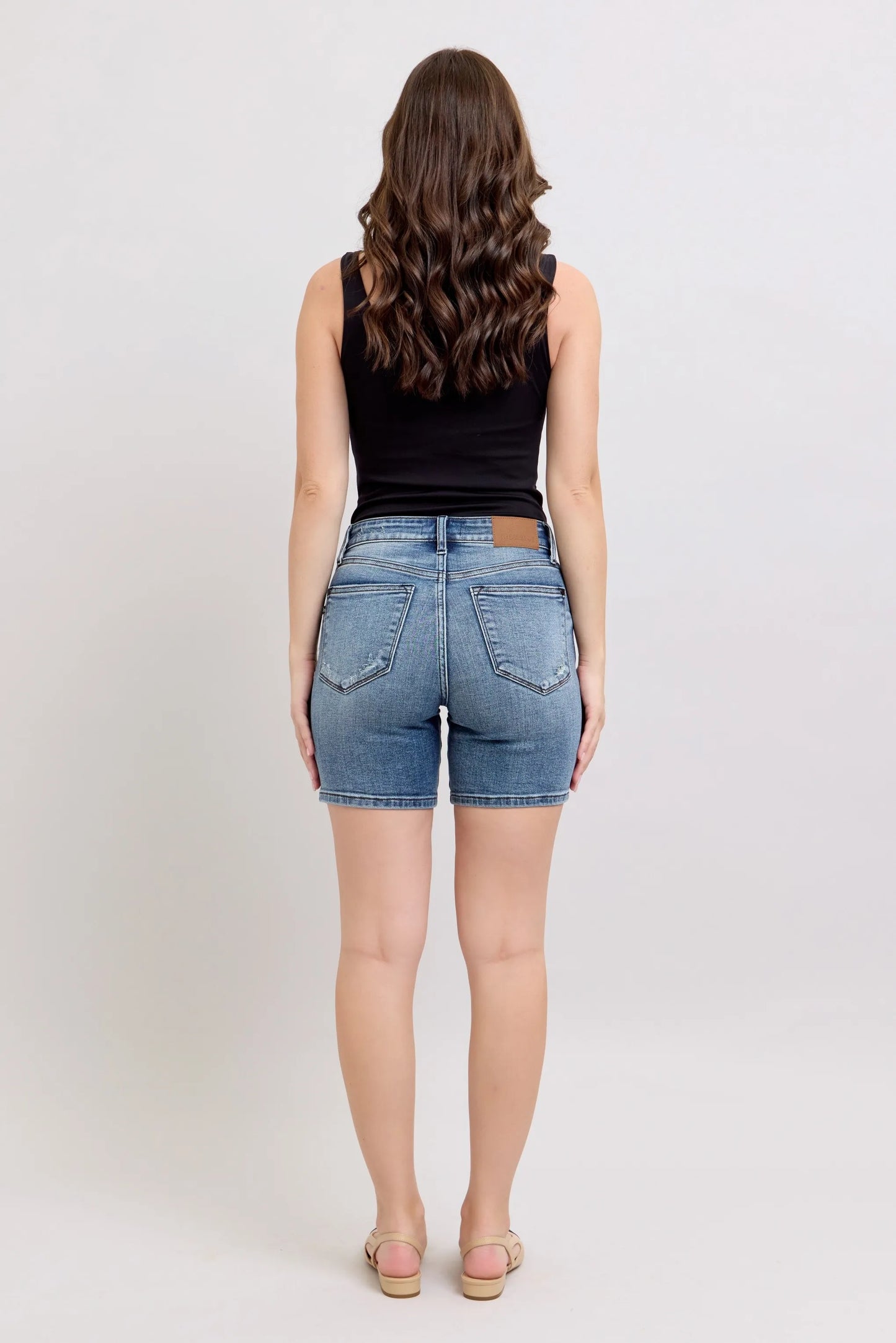 Judy Blue Button Fly Mid Length Denim Shorts W/ Destroy - Tigbul's Variety Fashion Shop