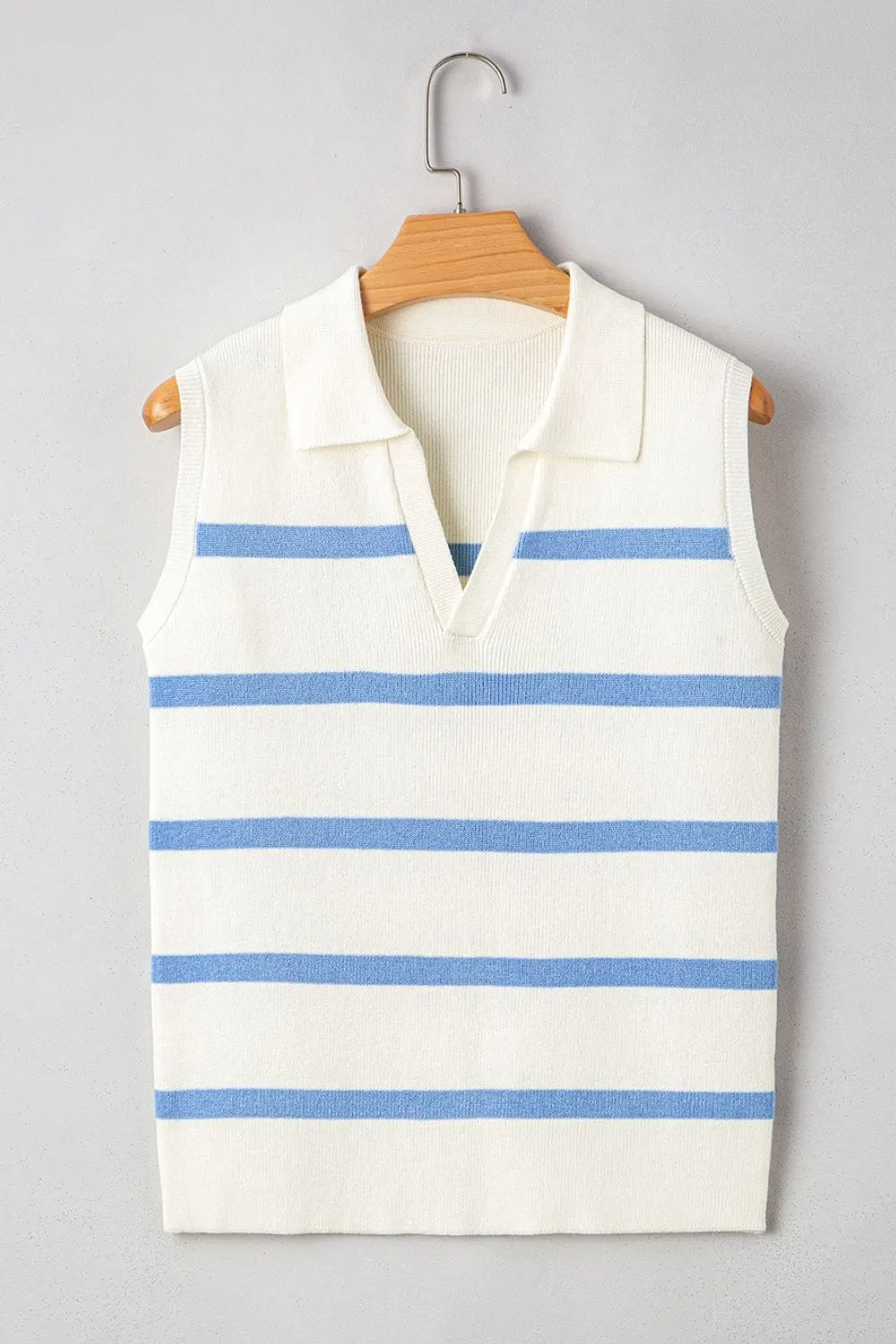 Stripe Split V Neck Collared Ribbed White Sweater Vest - Tigbul's Variety Fashion Shop