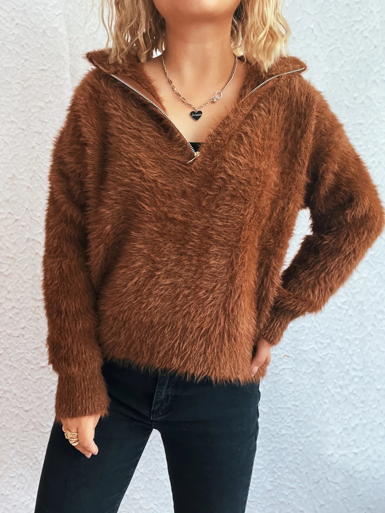 Cozy Fuzzy Half-Zip Sweater - Tigbul's Variety Fashion Shop