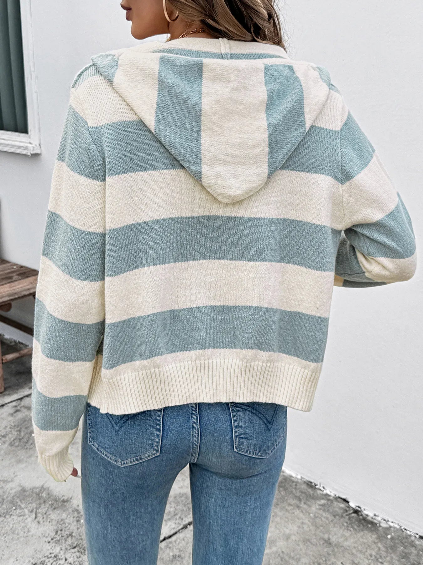 Drawstring Zip Up Striped Cardigan - Tigbul's Variety Fashion Shop