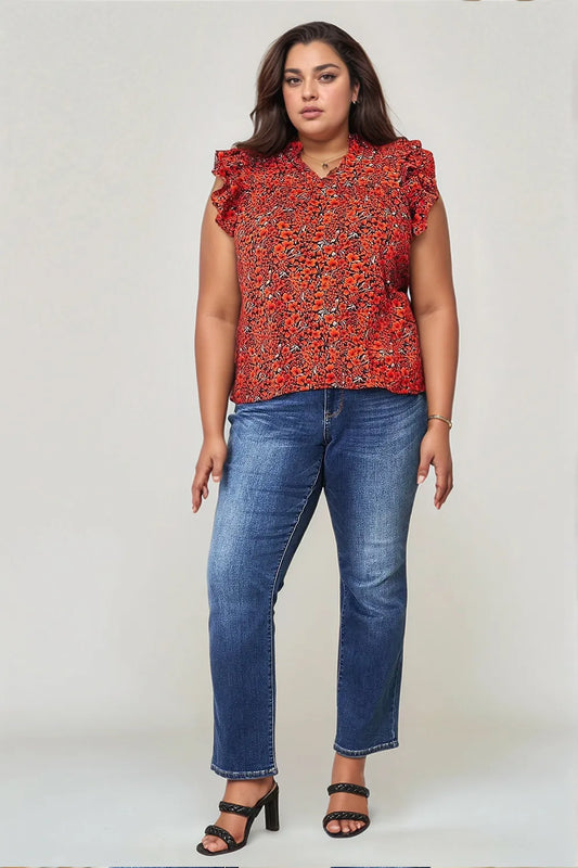 Double Take Floral Flutter Sleeve Notched Neck Blouse - Tigbul's Variety Fashion Shop