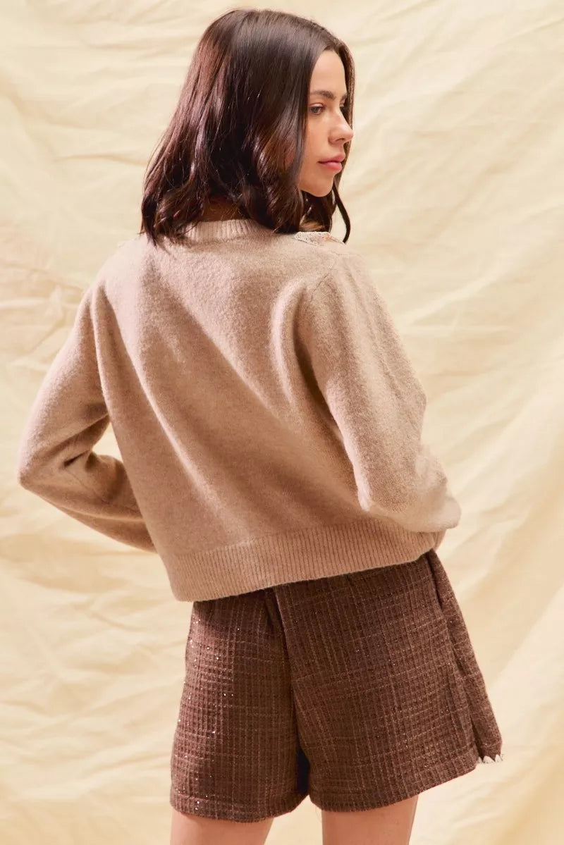 SO ME Front Lace Trim Button Cardigan Sweater - Tigbul's Variety Fashion Shop