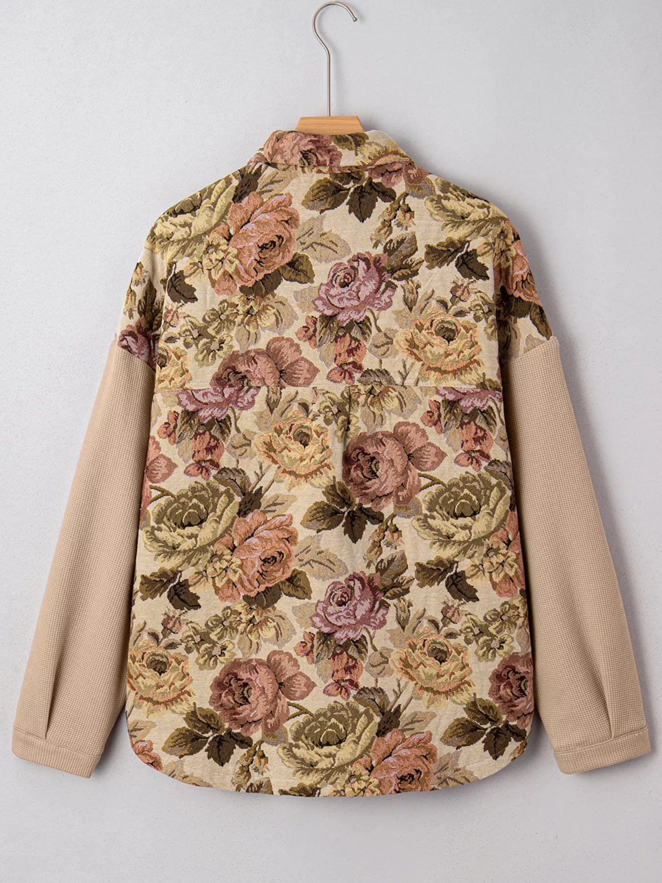 Floral Waffle Knit Patchwork Chest Pockets Buttoned Jacket - Tigbul's Variety Fashion Shop