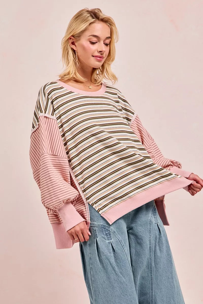 BiBi Stripe Mixed Top With Cut Edge And Reverse Outseam - Tigbul's Variety Fashion Shop