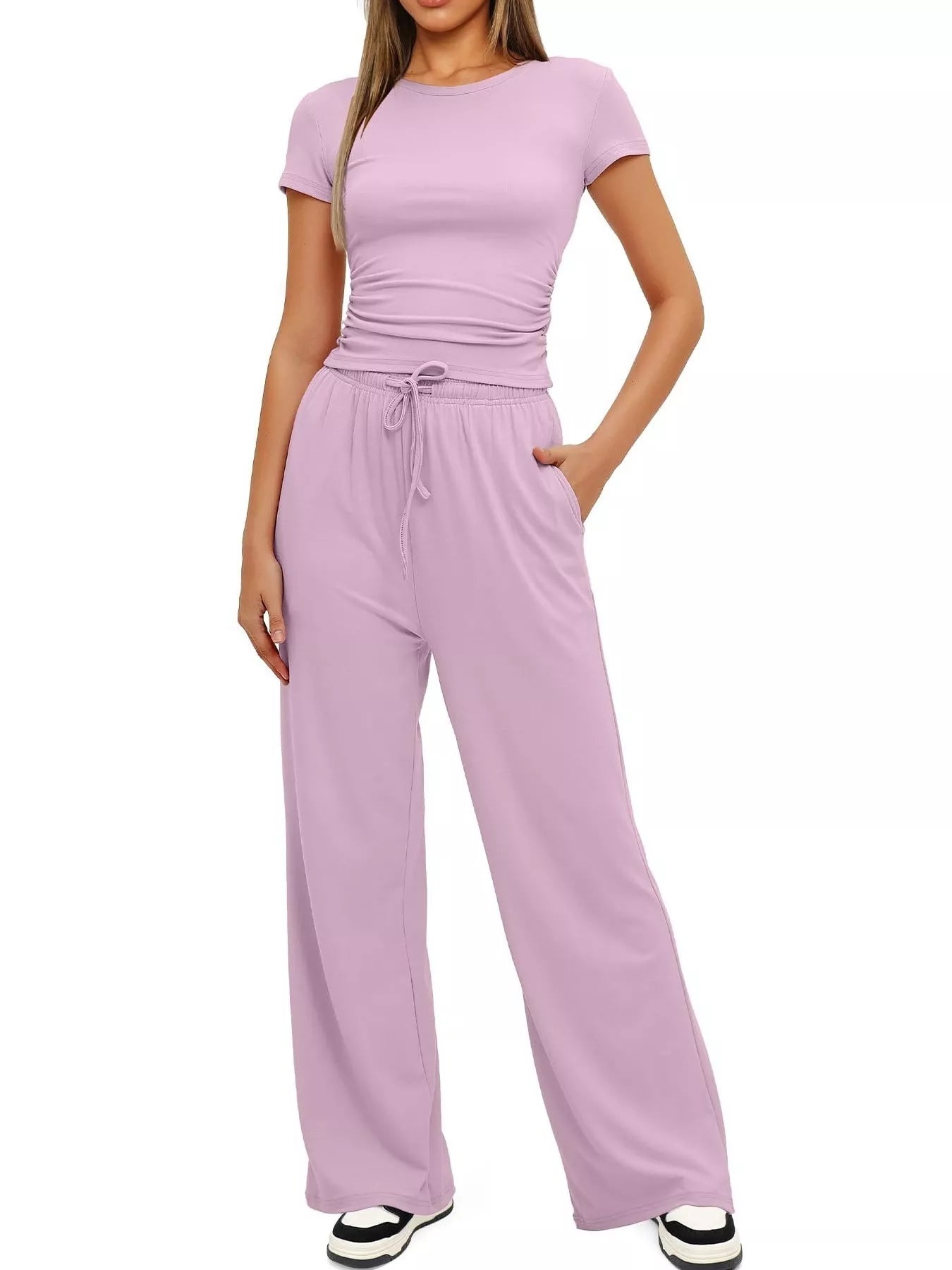 Round Neck Short Sleeve T-Shirt and Pants Set - Tigbul's Variety Fashion Shop