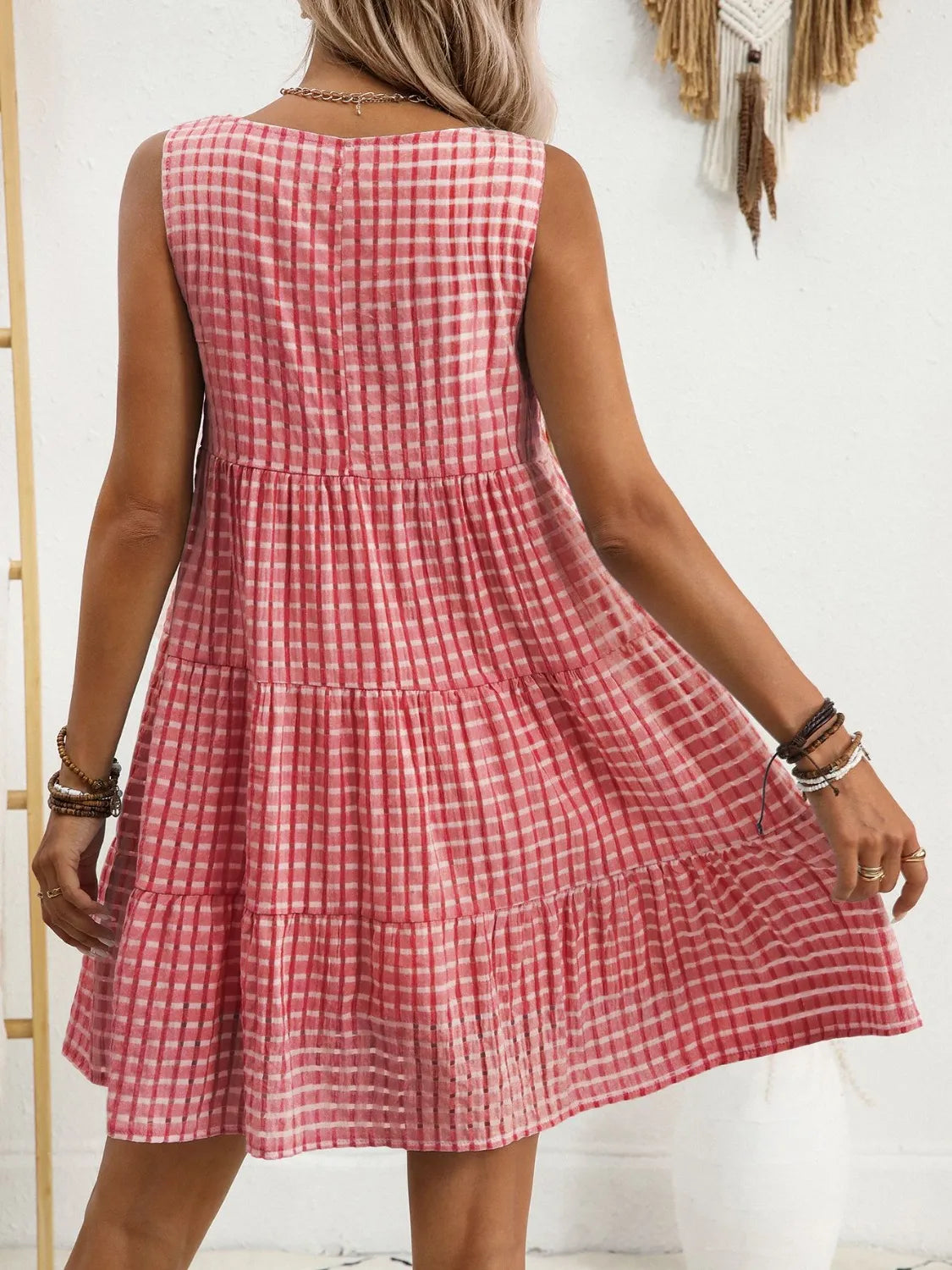 Plaid Round Neck Sleeveless Mini Dress - Tigbul's Variety Fashion Shop