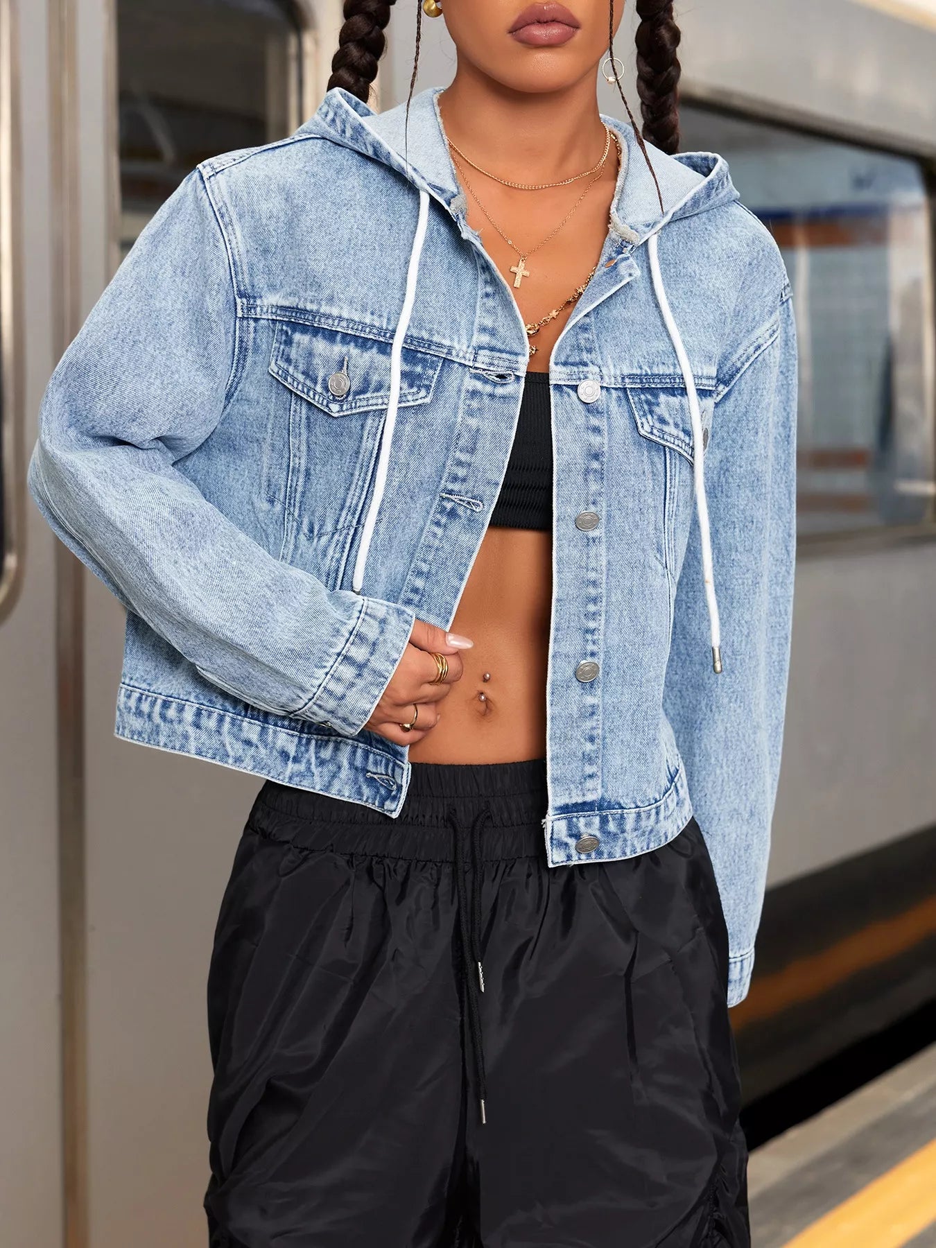 Hooded Drawstring Cropped Denim Jacket - Tigbul's Variety Fashion Shop