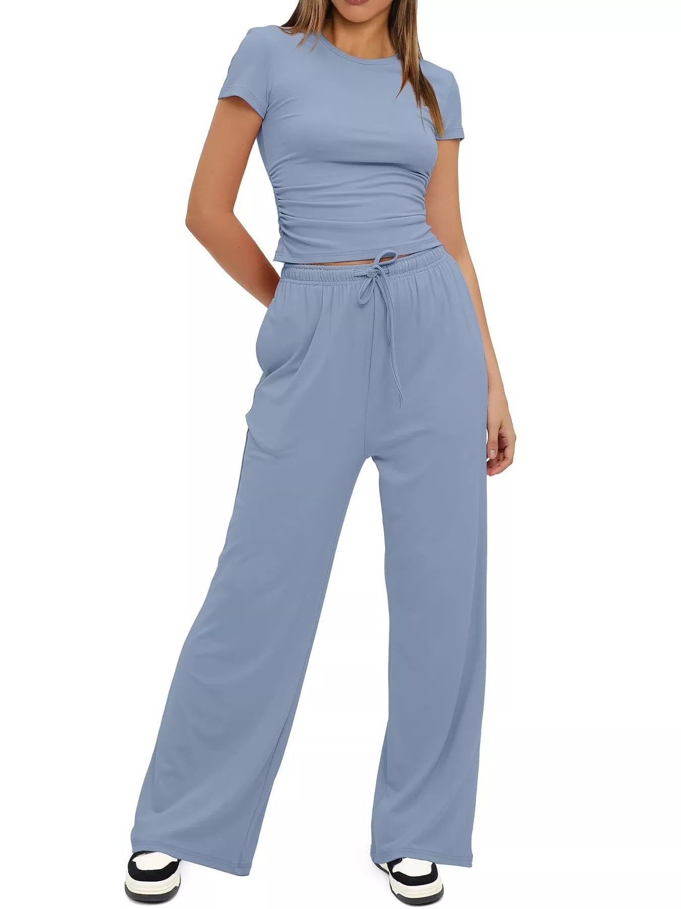 Round Neck Short Sleeve T-Shirt and Pants Set - Tigbul's Variety Fashion Shop