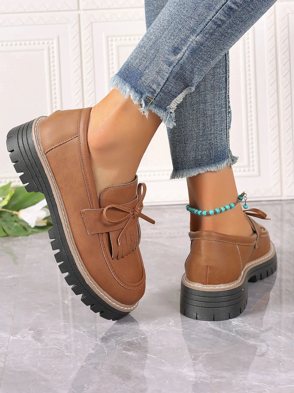 PU Leather Bow Platform Loafers - Tigbul's Variety Fashion Shop