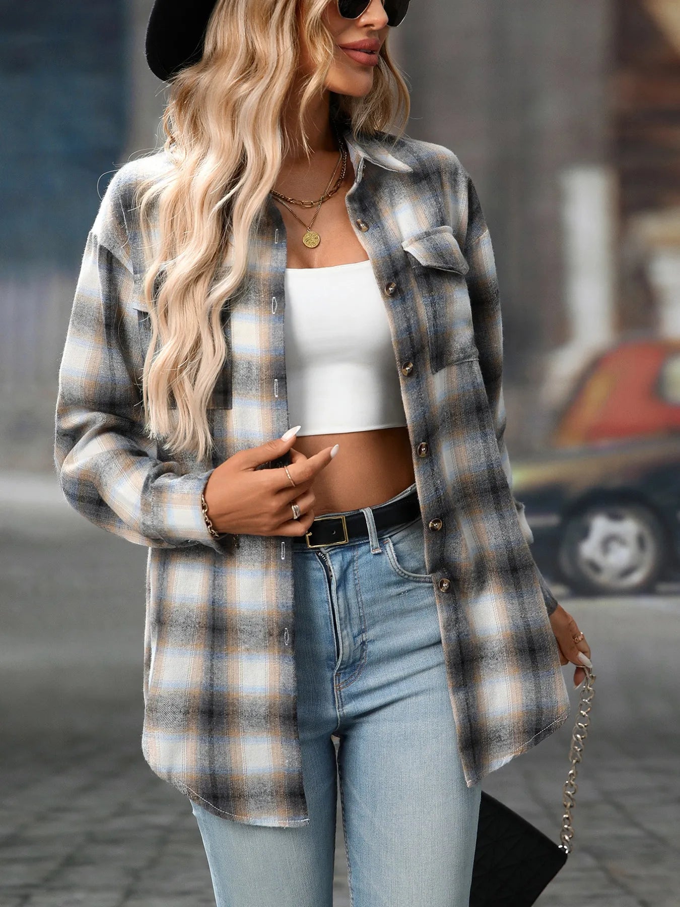 Oversized Plaid Button-Up Shirt - Tigbul's Variety Fashion Shop
