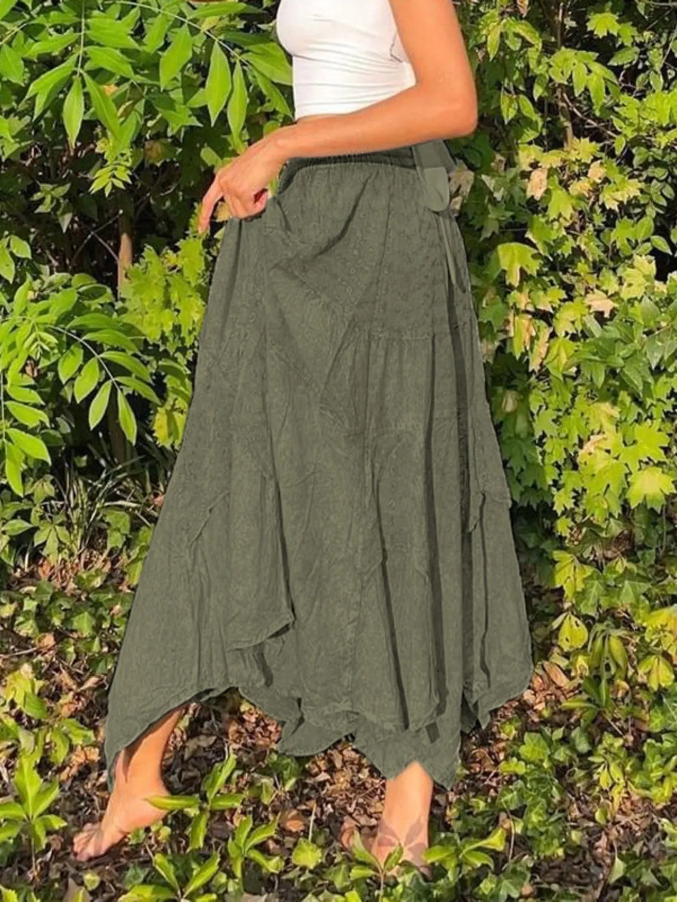 Asymmetrical Hem Midi Skirt with Drawstring Waist - Tigbul's Variety Fashion Shop