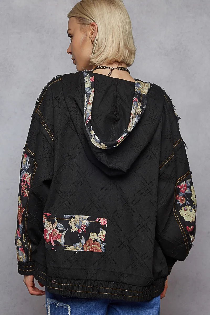 POL Zip Up Floral and Lace Patch Washed Jacket - Tigbul's Variety Fashion Shop