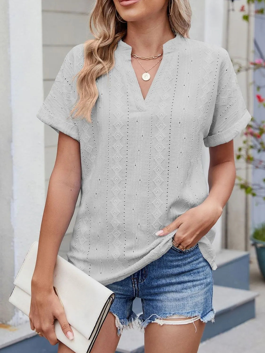 Eyelet Notched Short Sleeve Top - Tigbul's Variety Fashion Shop