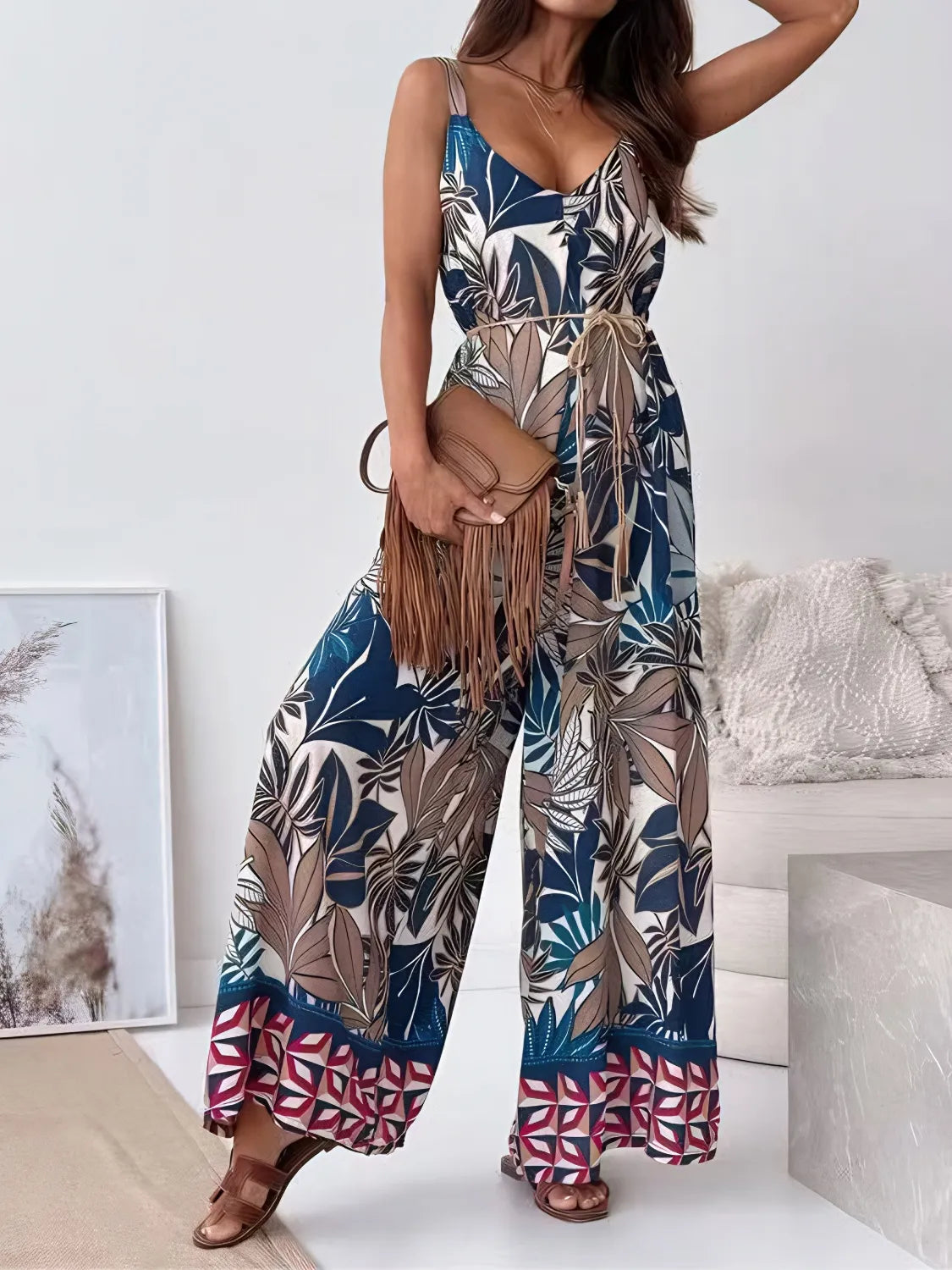 Printed V-Neck Wide Leg Jumpsuit - Tigbul's Variety Fashion Shop