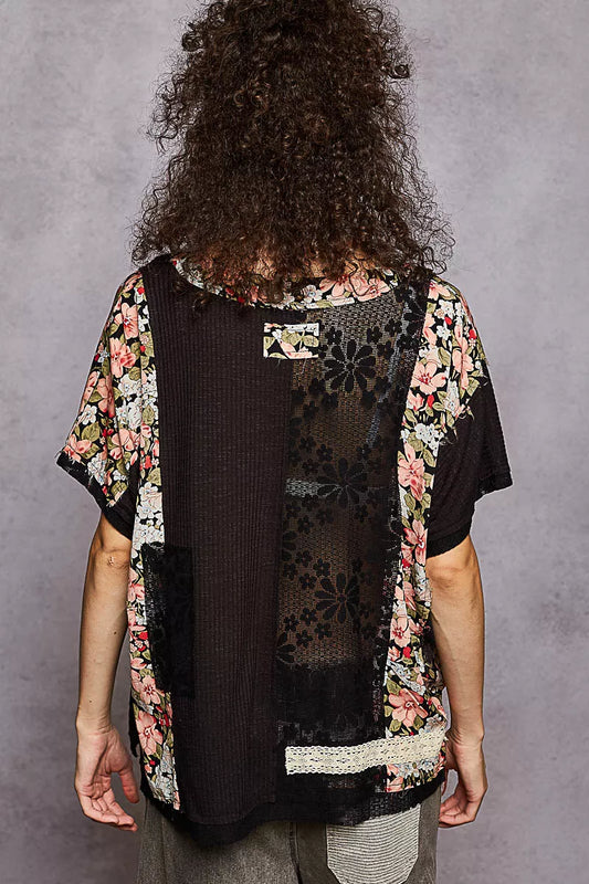 POL Lace Round Neck Short Sleeve Floral Pattern Top with Patch Detail - Tigbul's Variety Fashion Shop