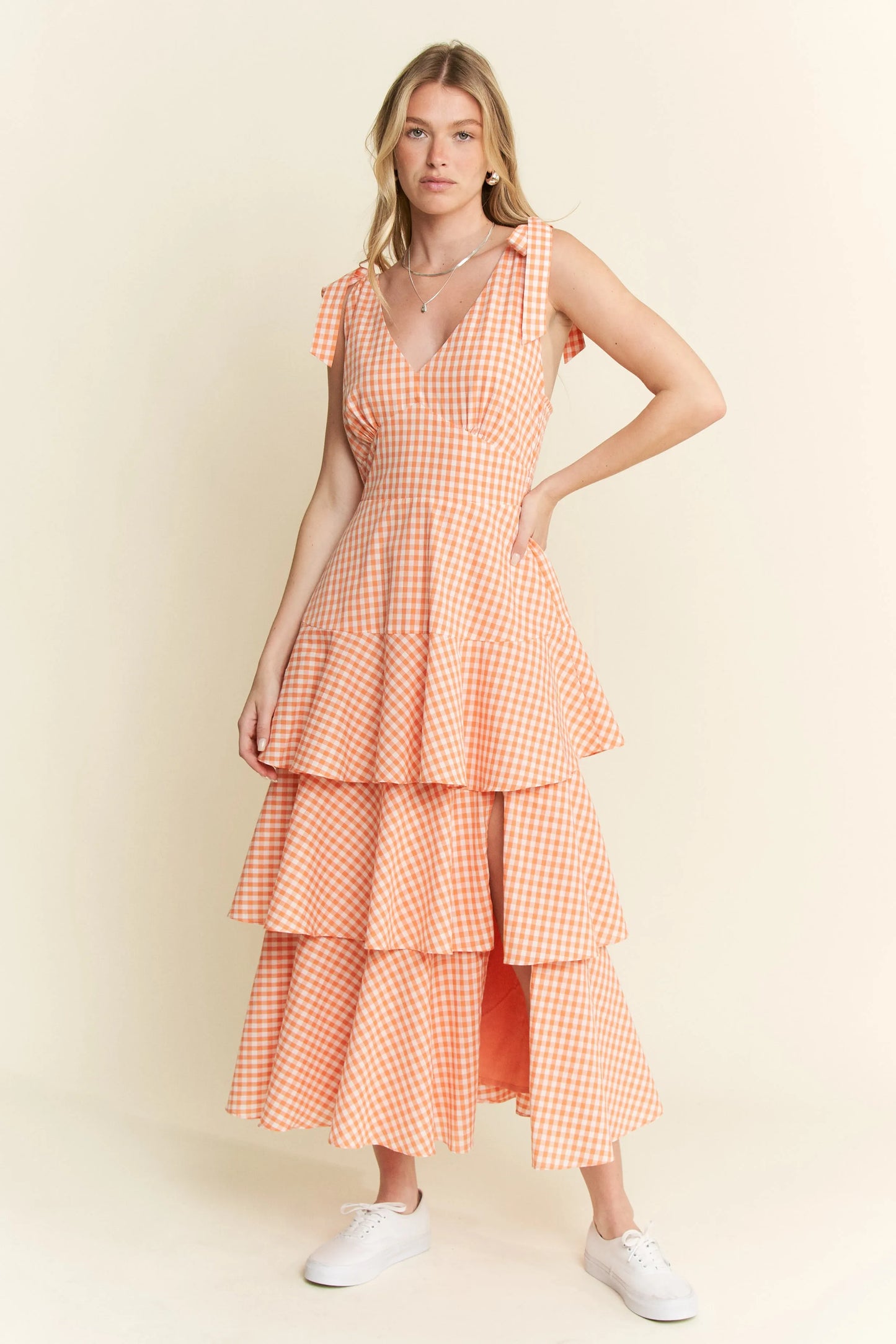 Orange Sleeveless Gingham Print Tiered Midi Dress - Tigbul's Variety Fashion Shop