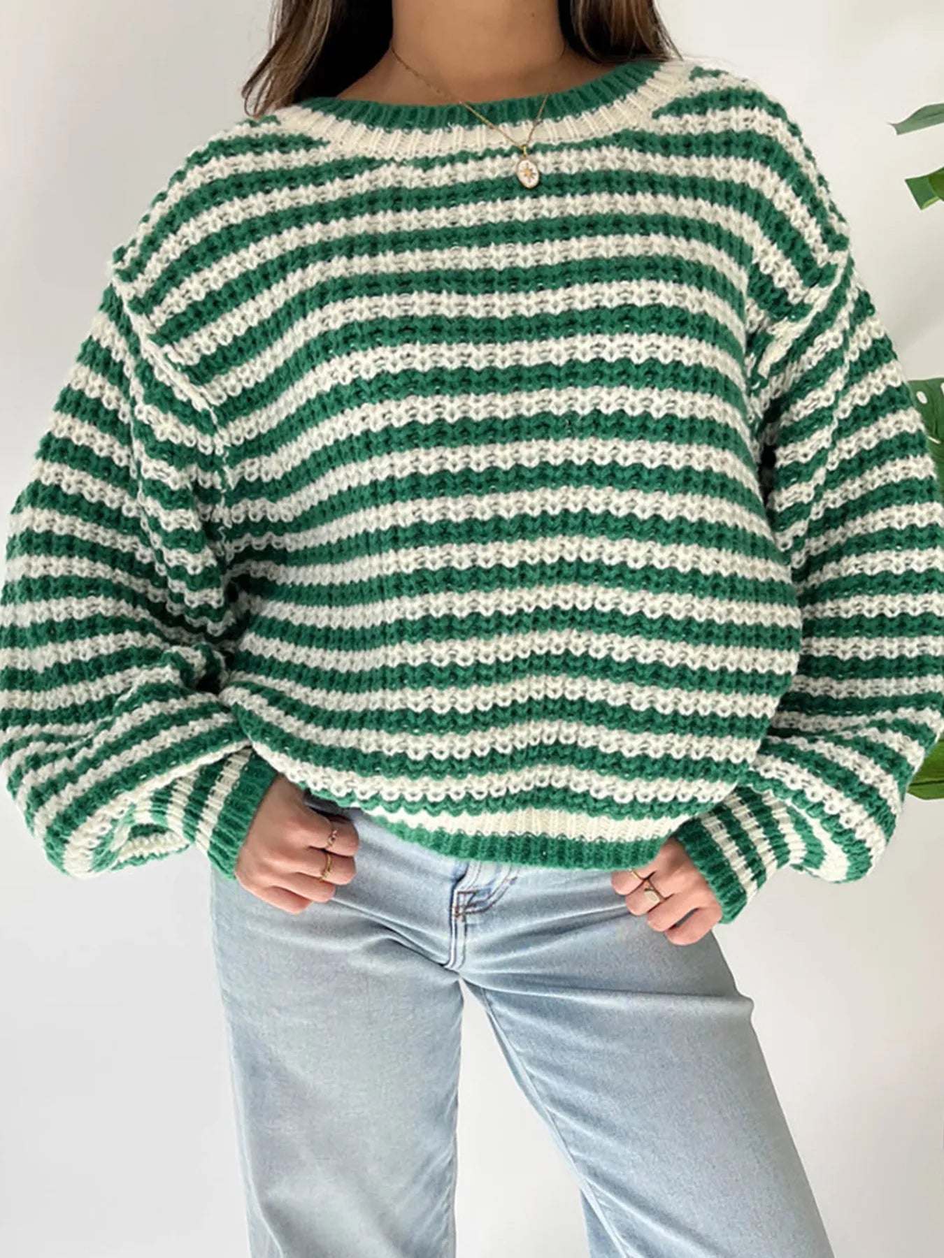 Oversized Striped Drop Shoulder Sweater - Tigbul's Variety Fashion Shop