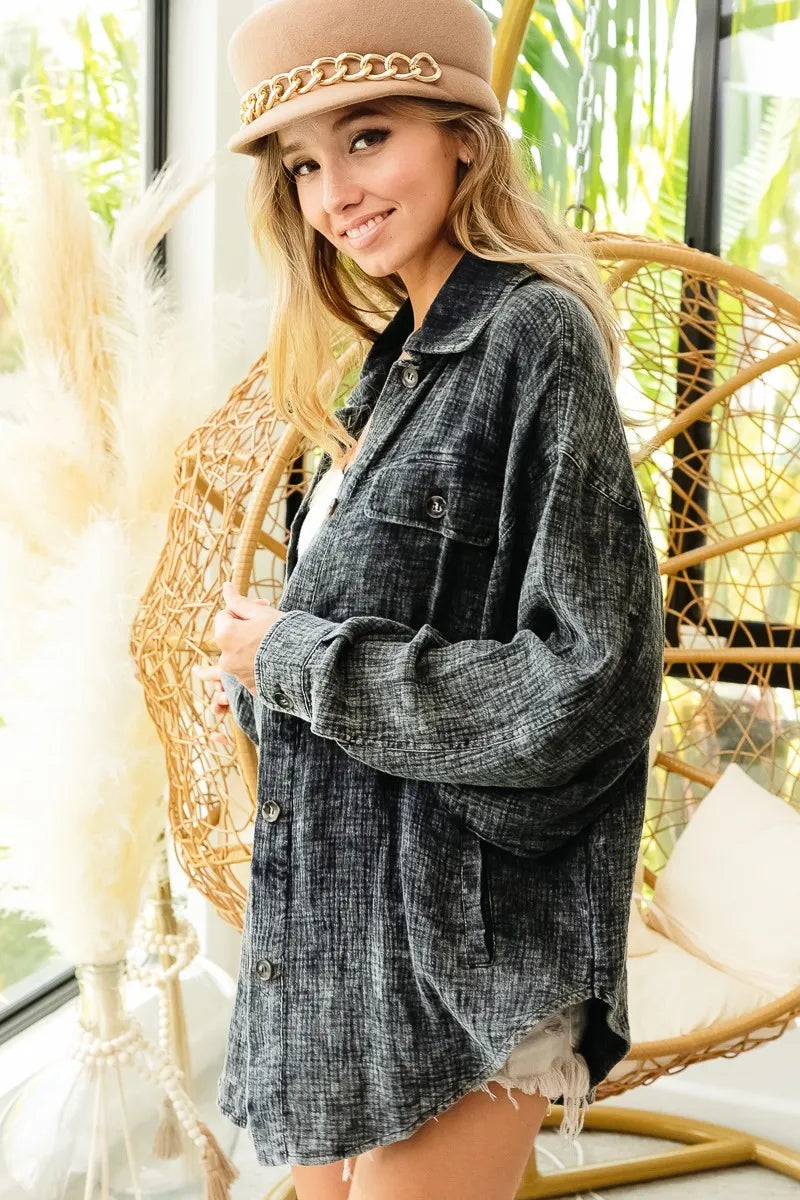 BiBi Vintage Washed Wrinkle Gauze Shacket - Tigbul's Variety Fashion Shop