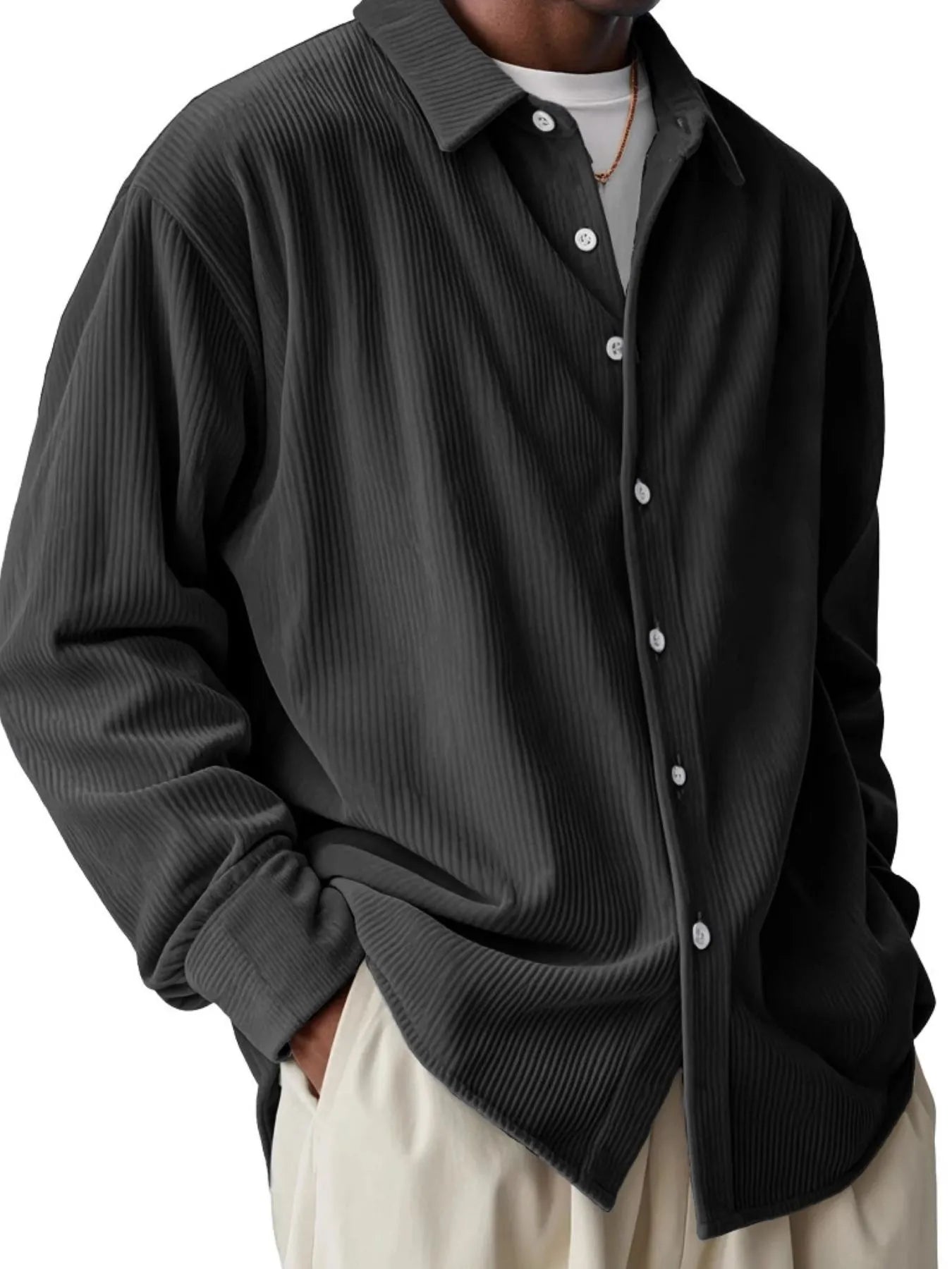 Men's Full Size Textured Button-Down Corduroy Shirt Plus Size - Tigbul's Variety Fashion Shop