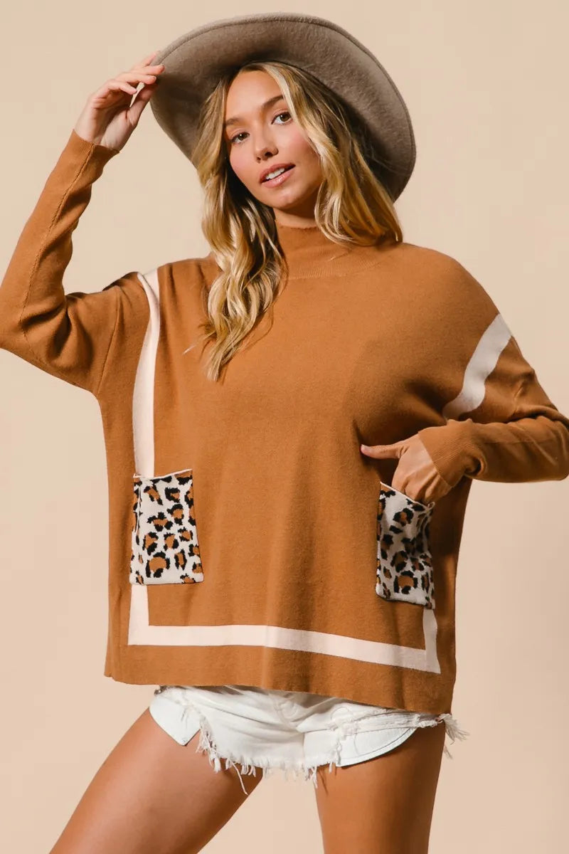 BiBi Mock Neck Sweater with Leopard Pocket - Tigbul's Variety Fashion Shop
