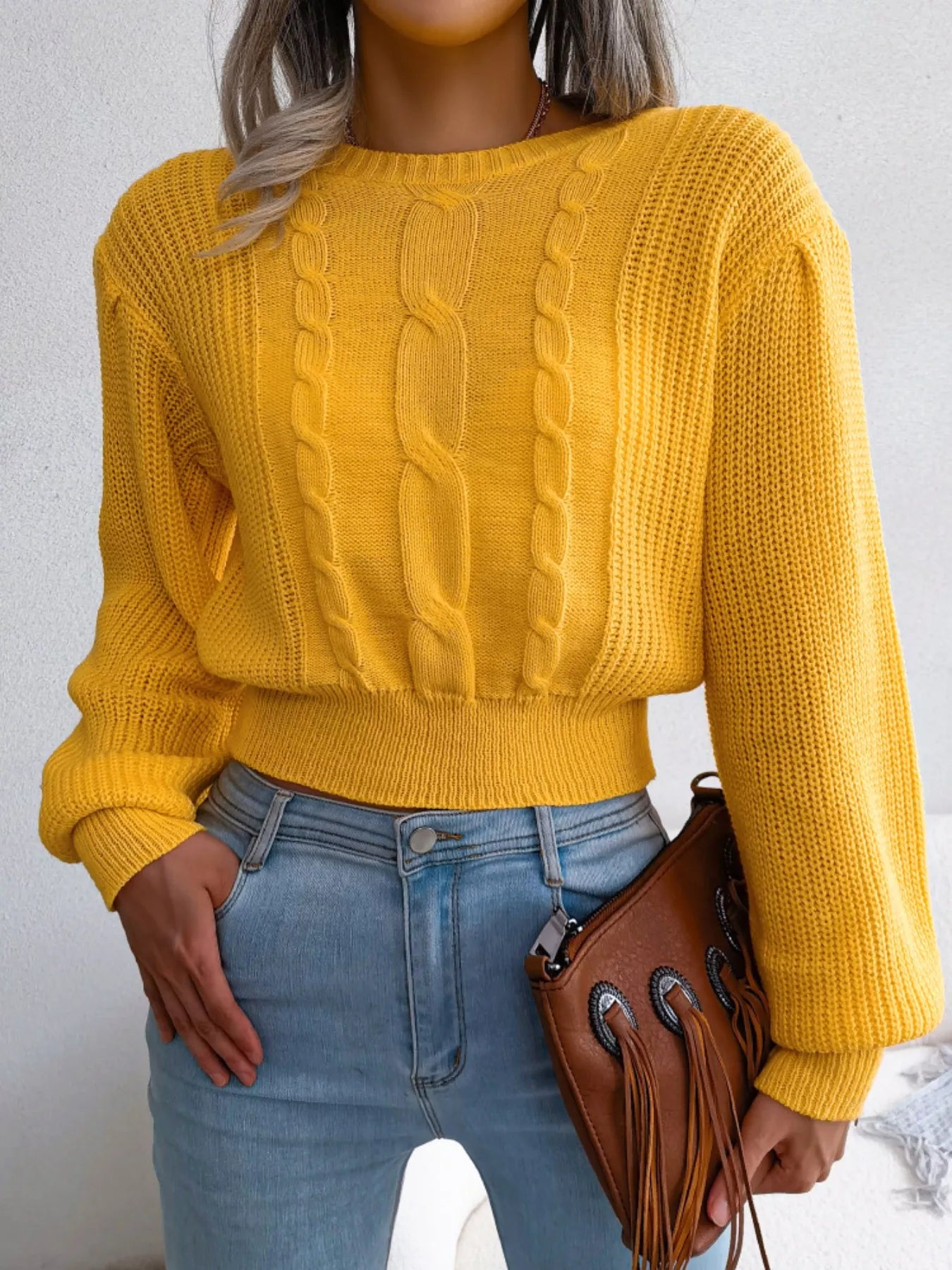 Cable Knit Round Neck Cropped Sweater - Tigbul's Variety Fashion Shop