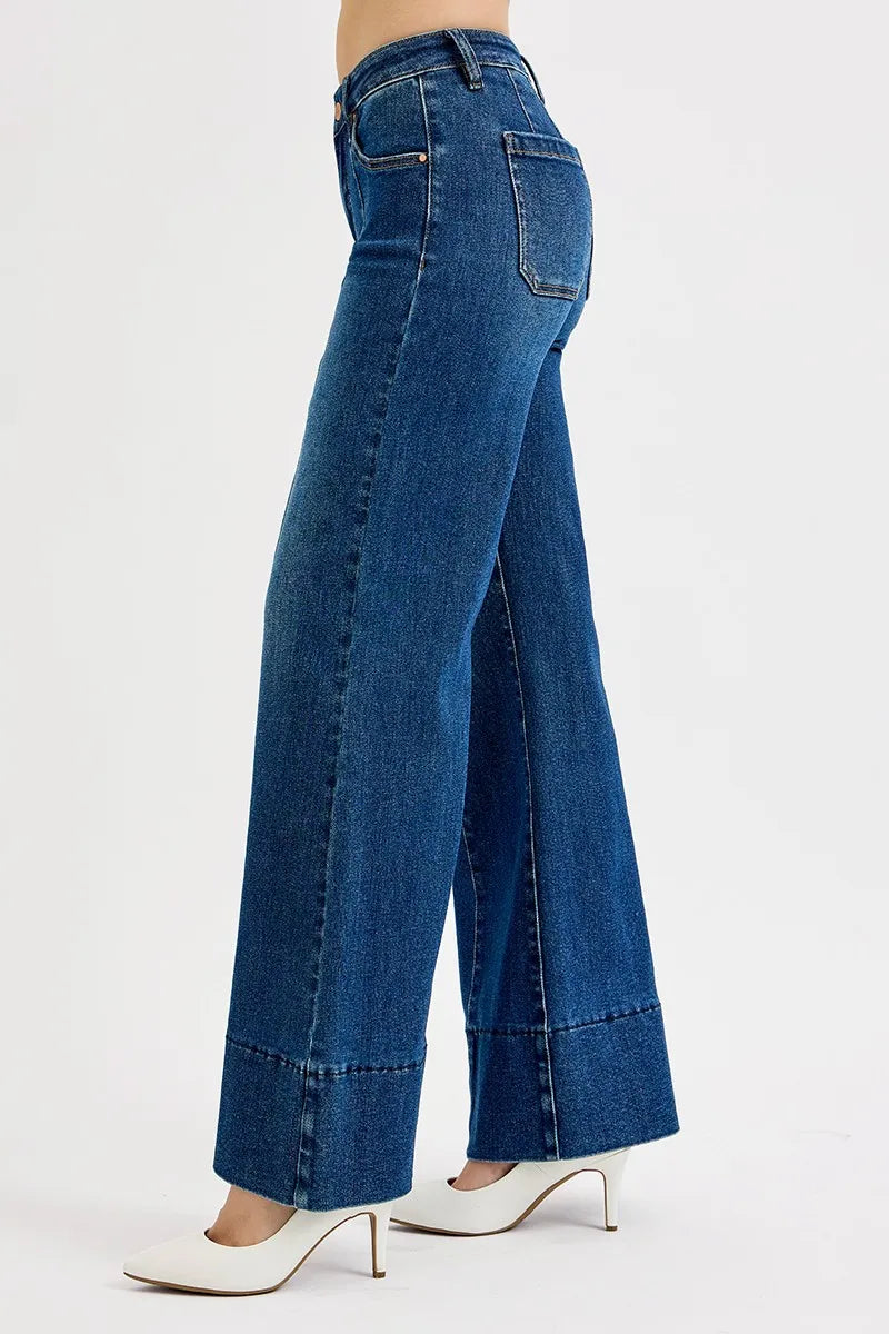 RISEN Full Size Tummy Control Mid Rise Ankle Wide Flare Jeans Plus Size - Tigbul's Variety Fashion Shop