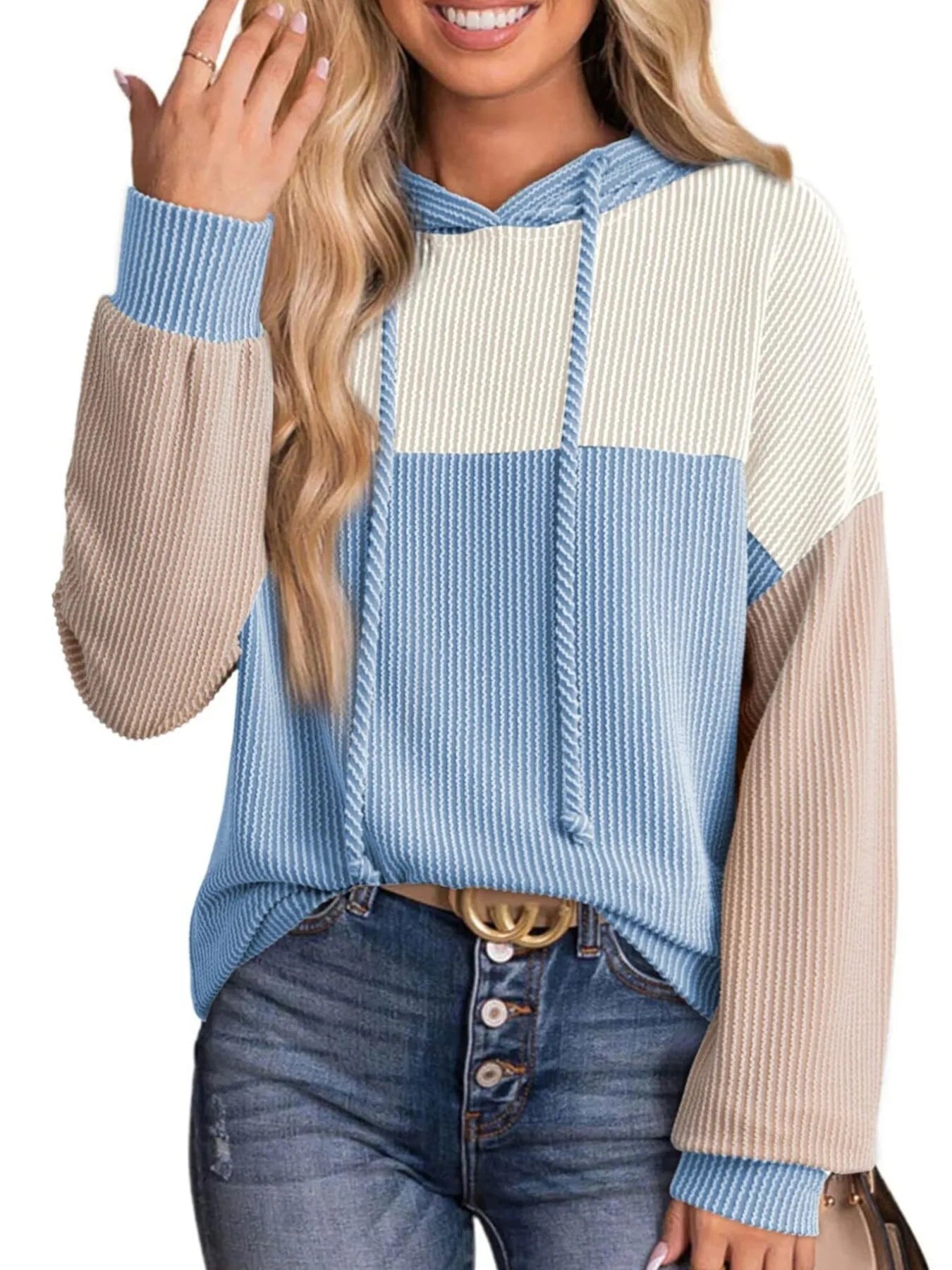 Drawstring Color Block Long Sleeve Hoodie - Tigbul's Variety Fashion Shop