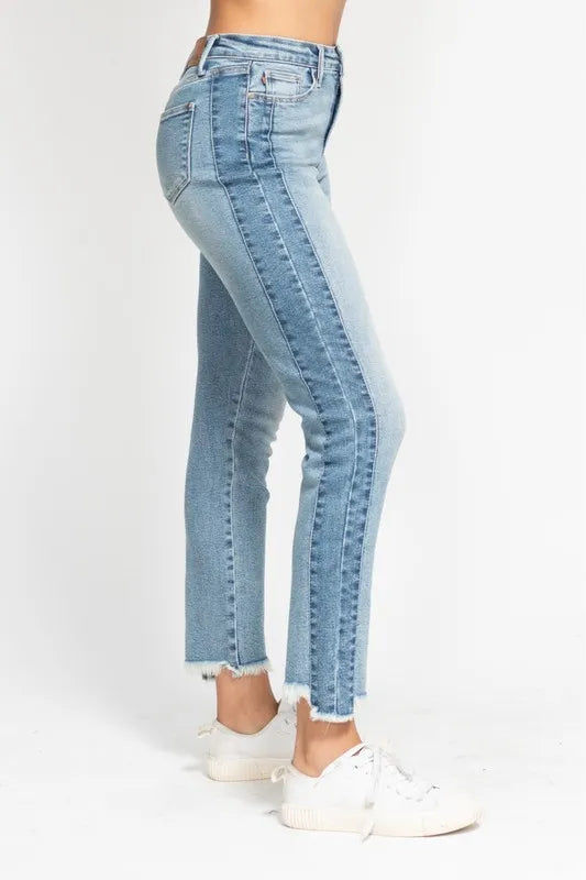 Judy Blue Full Size Vintage Wash Side Panel Detail with Fray Hem Slim Plus Size - Tigbul's Variety Fashion Shop