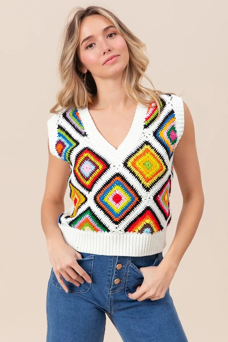 BiBi Diamond Granny Square Sweater Vest - Tigbul's Variety Fashion Shop