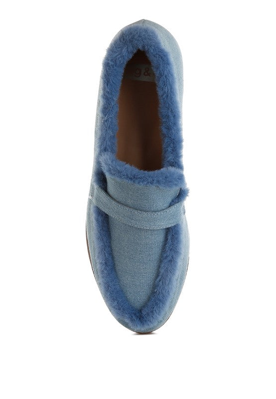 Nivena Fur Detail Denim Loafers - Tigbul's Variety Fashion Shop