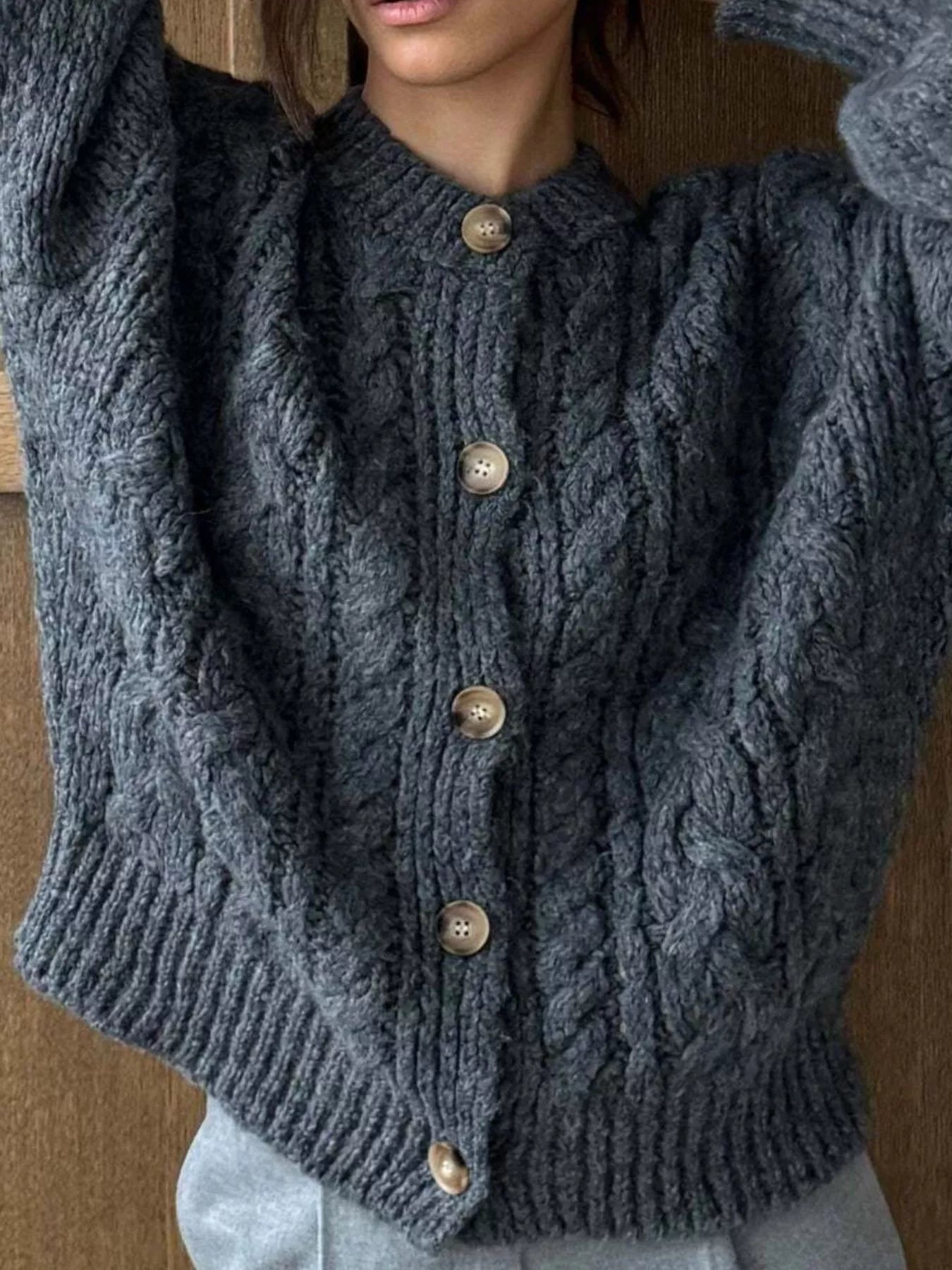 Cable Knit Button-Down Cardigan - Tigbul's Variety Fashion Shop