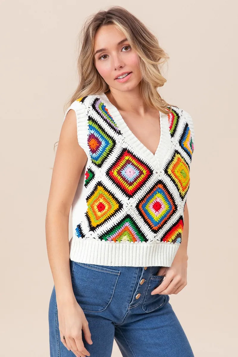 BiBi Diamond Granny Square Sweater Vest - Tigbul's Variety Fashion Shop
