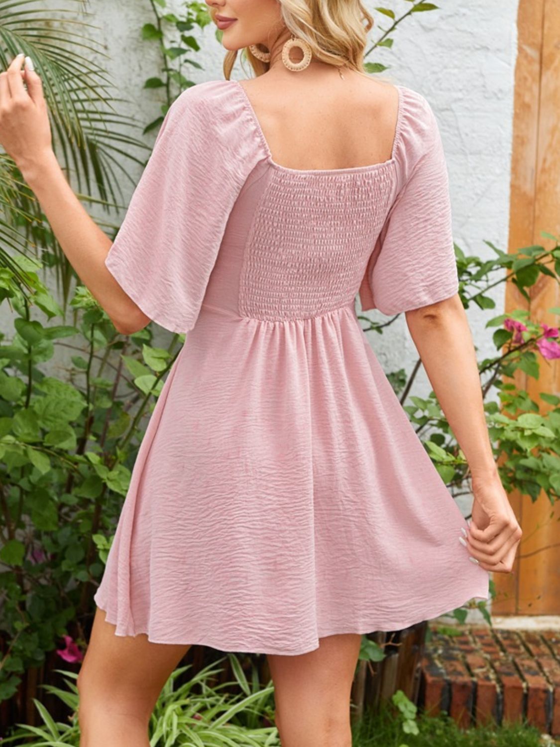 Smocked Back Knotted Flutter Sleeve Dress - Tigbul's Variety Fashion Shop