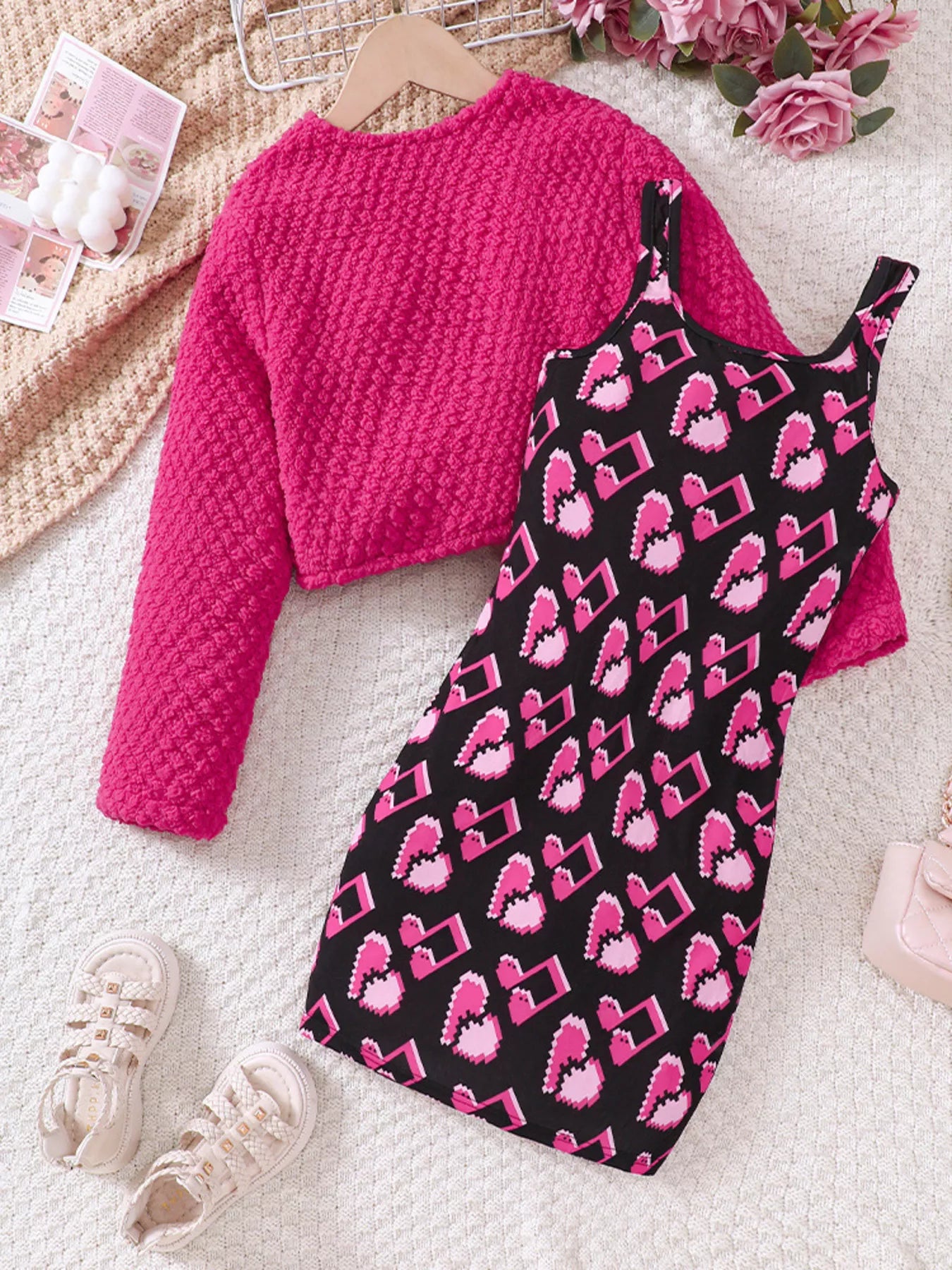 Toddlers Girls Pink Printed Dress and Cardigan Set - Tigbuls Variety