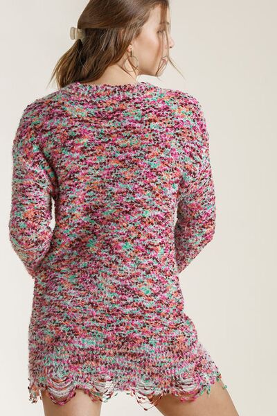 Distressed Hem Multicolored Round Neck Knit Tunic Dress - Tigbul's Variety Fashion Shop