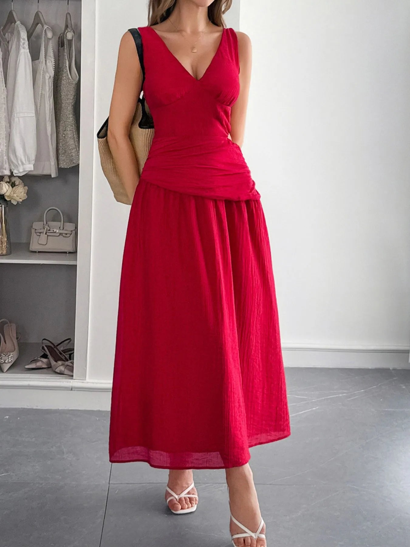 Cutout V-Neck Sleeveless Midi Dress - Tigbul's Variety Fashion Shop