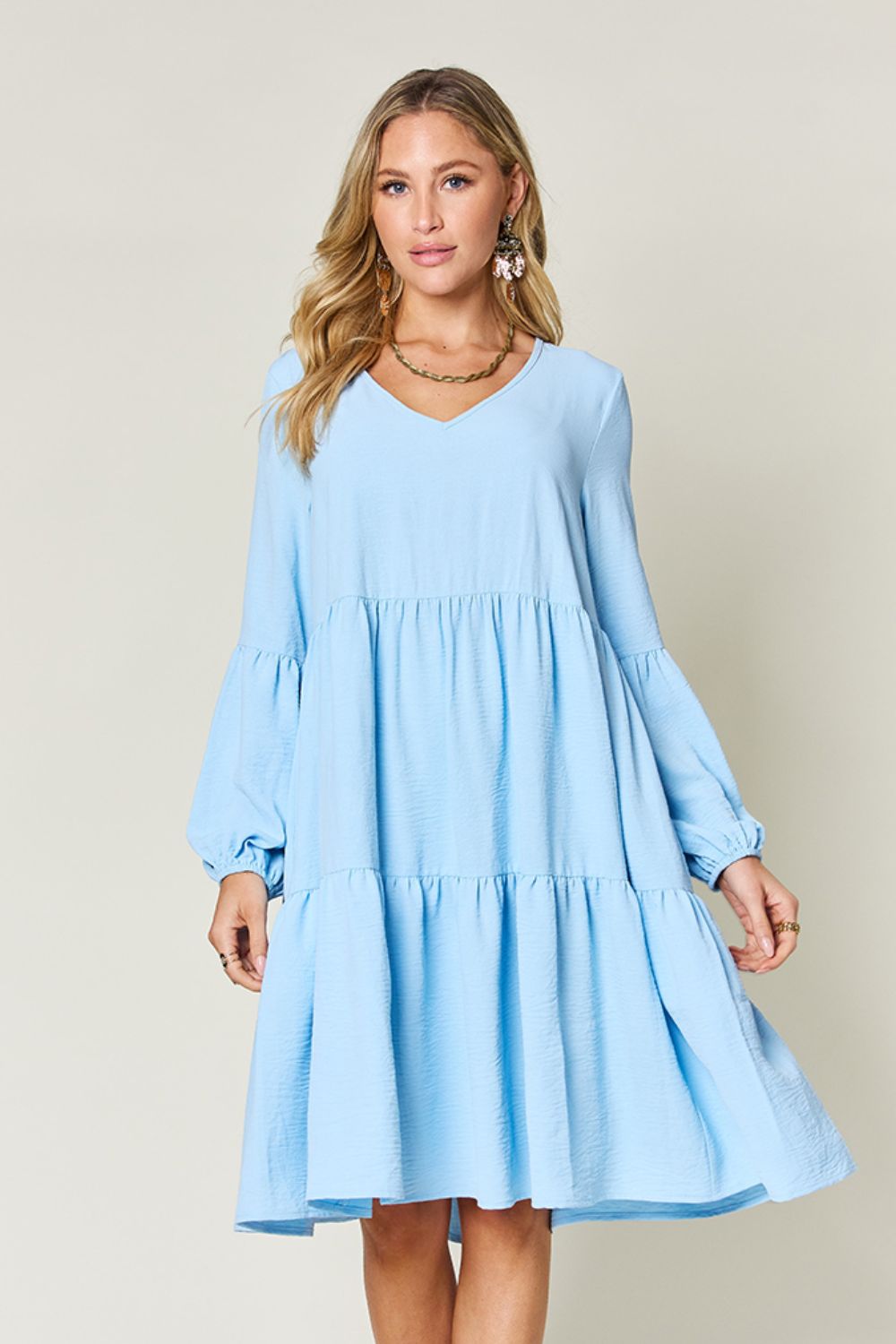V-Neck Balloon Sleeve Tiered Dress with Pockets - Tigbul's Variety Fashion Shop