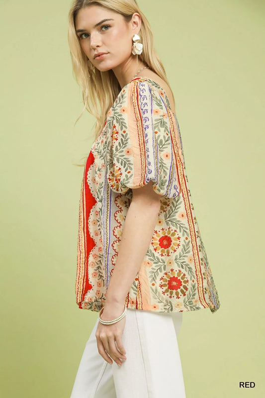 Umgee Patchwork Puff Sleeve Smocked Blouse - Tigbul's Variety Fashion Shop