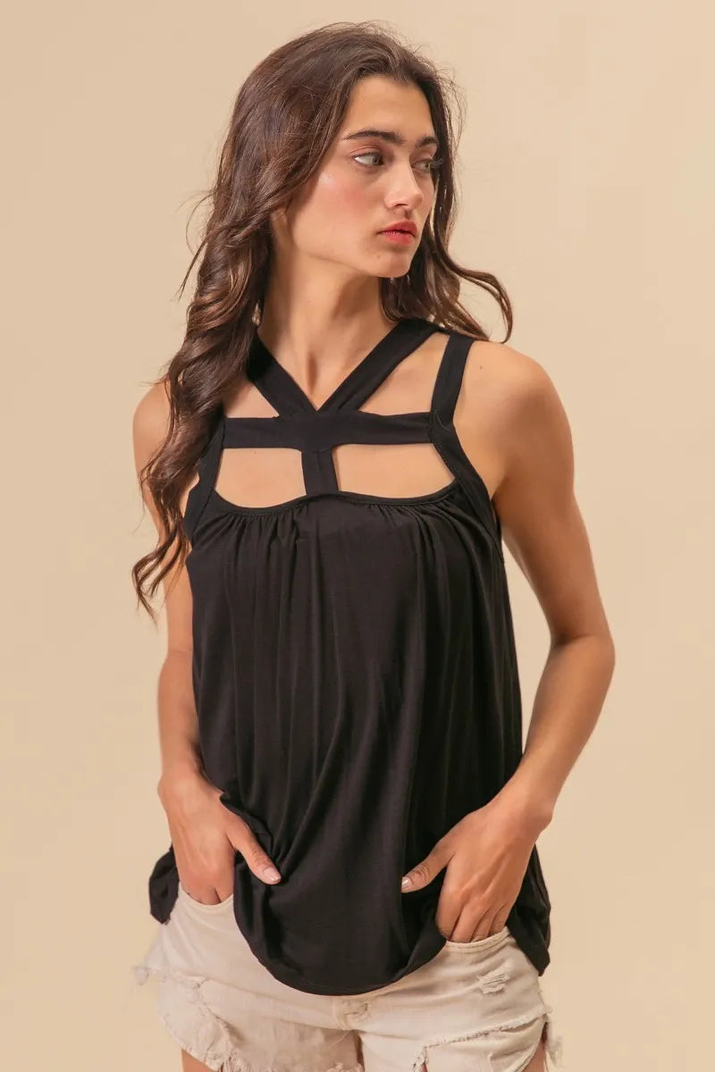 Black Rayon Span Jersey Cut Out with Straps Detailed - Tigbul's Variety Fashion Shop