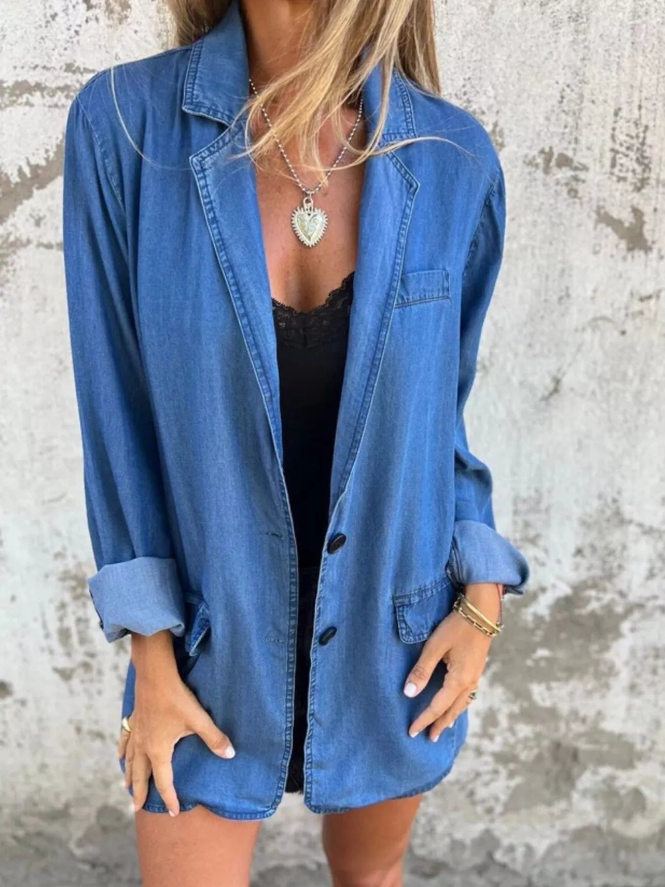 Full Size Button Down Denim Blazer Plus Size - Tigbul's Variety Fashion Shop
