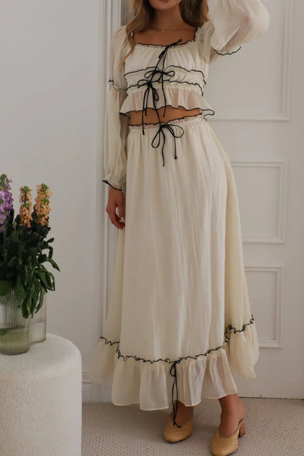 Off-Shoulder Cream Top and Skirt Set - Tigbul's Variety Fashion Shop