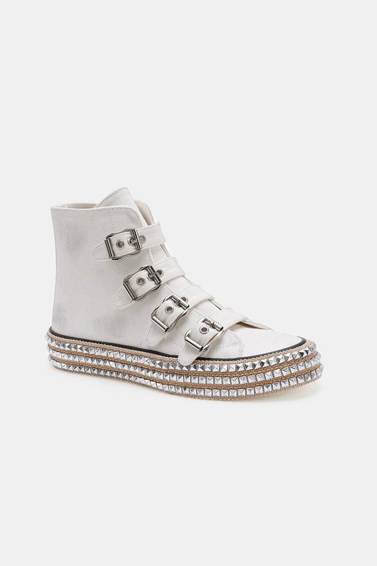 White Multi-Buckle Straps Studded Platform Sneakers - Tigbul's Variety Fashion Shop