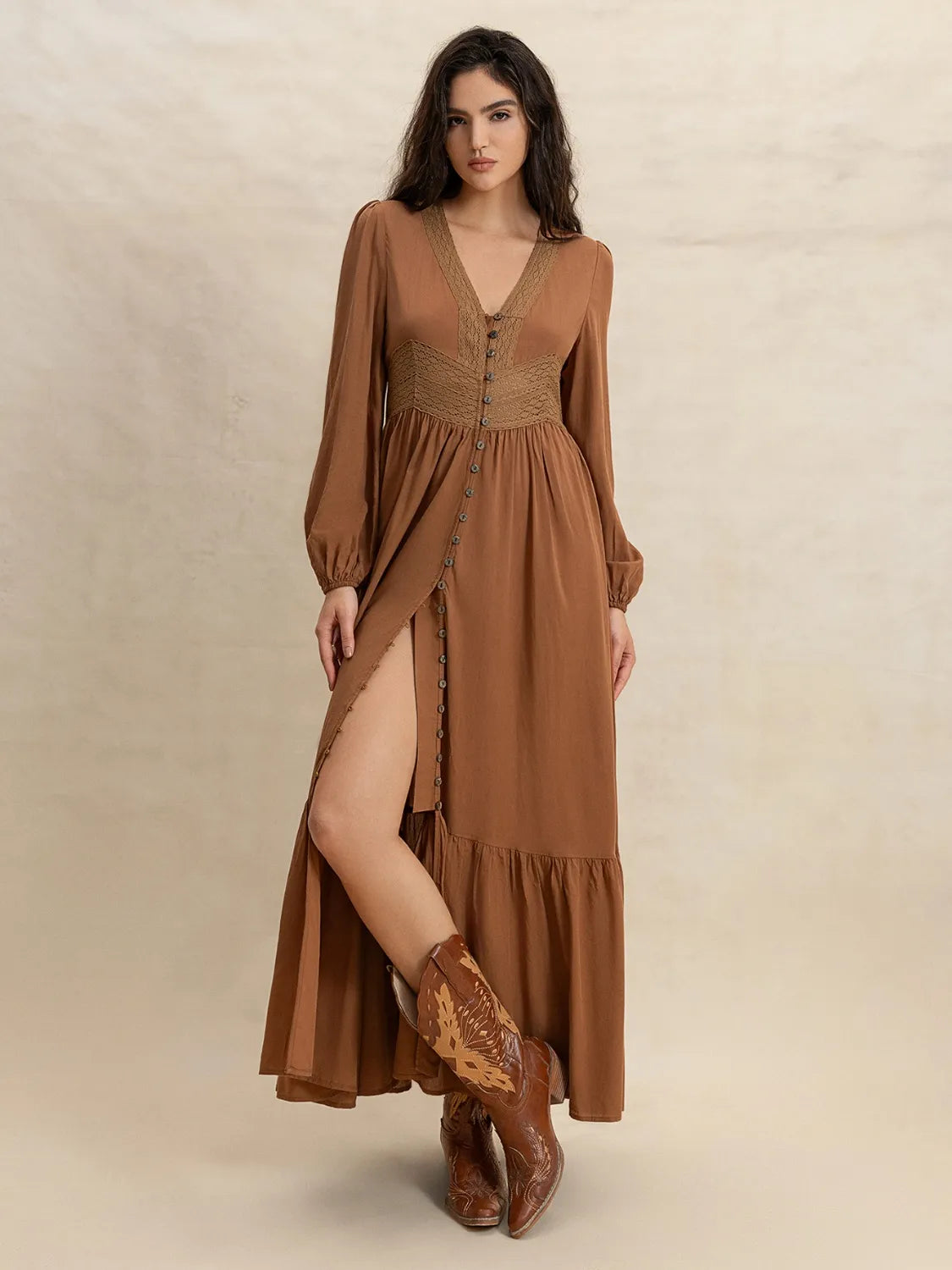 Brown Ruffled Hem V-Neck Balloon Sleeve Maxi Dress - Tigbul's Variety Fashion Shop