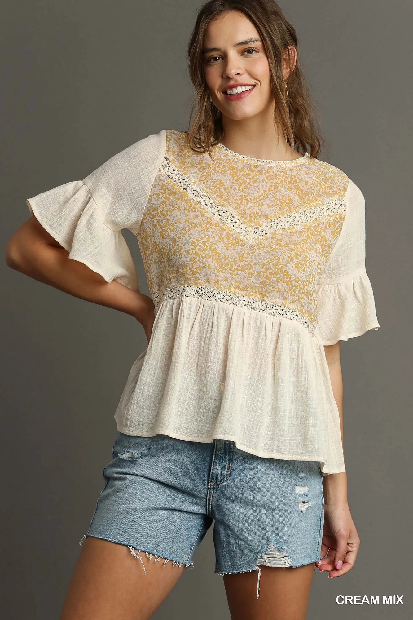 Umgee Floral Lace Trimmed Detail Half Sleeve Babydoll Top - Tigbul's Variety Fashion Shop