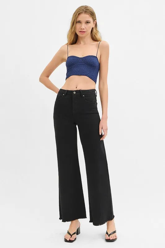 RISEN Full Size Tummy Control Black High Rise Wide Jeans Plus Size - Tigbul's Variety Fashion Shop