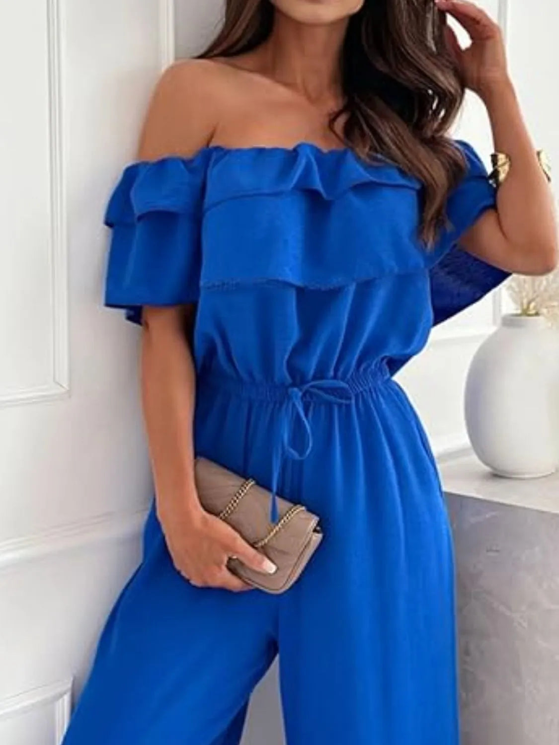 Off-Shoulder Ruffled Wide Leg Jumpsuit - Tigbul's Variety Fashion Shop