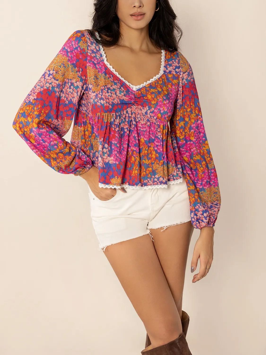 Lace Detail Printed Balloon Sleeve Top - Tigbul's Variety Fashion Shop