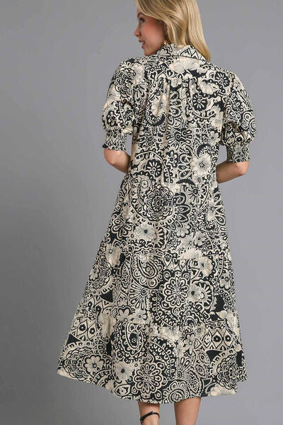 Black Printed Smocked Cuff Puff Sleeve Midi Dress - Tigbul's Variety Fashion Shop