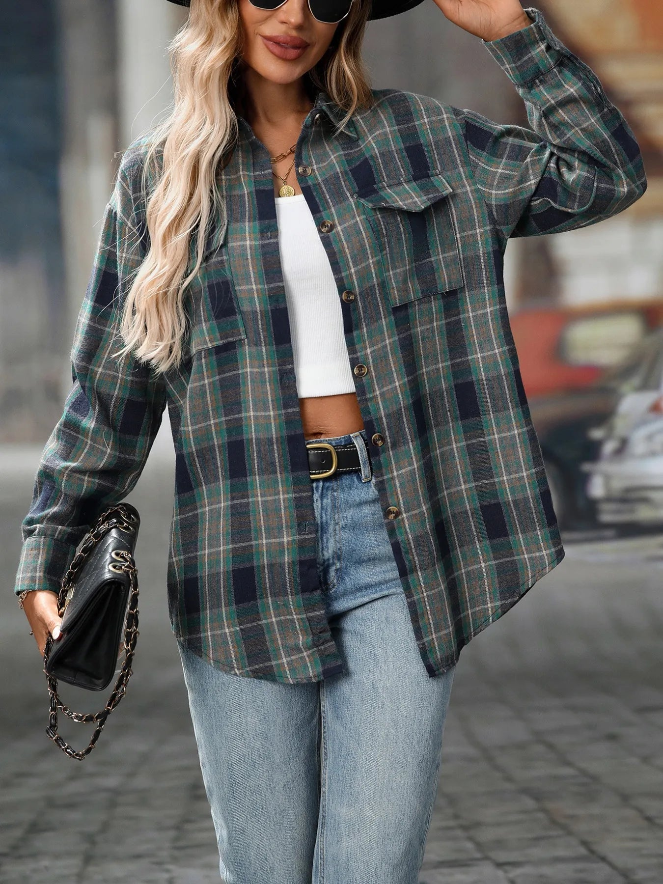 Oversized Plaid Button-Up Shirt - Tigbul's Variety Fashion Shop