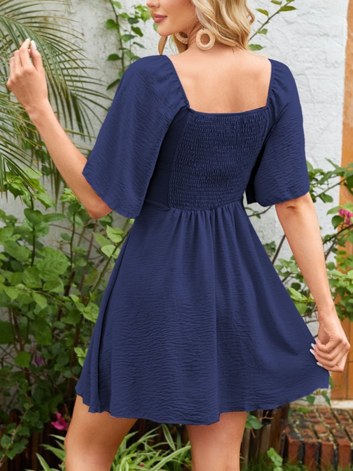 Smocked Back Knotted Flutter Sleeve Dress - Tigbul's Variety Fashion Shop
